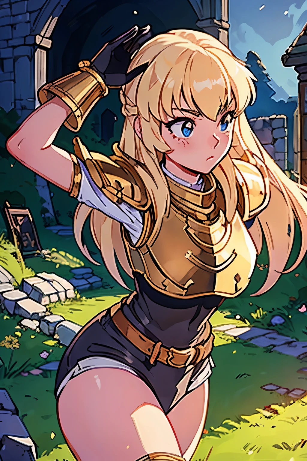 ((ultra-detailed)), (beautiful detailed eyes), (masterpiece), best quality, expressive eyes, perfect face, 1girl, knight, gold armour, white shirt, black shorts, white pantyhose, gold bracers, black gloves, plate armour, knee boots, blonde hair, long hair, knight, paladin, ranger, pirate, knightgirl, armor, rogue, torch, wooden doors, ruins, abandoned, old, moss, stone wall, underground, dungeon, dungeon-background, iron doors, medieval-armor-girl, armored, p line, yoga shorts, retro anime, 1990s anime, (cinematic lighting), (illustration), anime, (((best quality))), best quality, ((back))