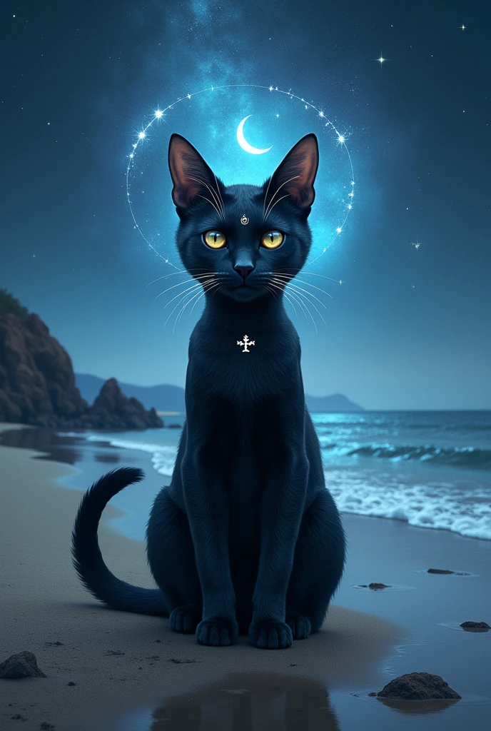 Beautiful, teenage realistic Nude cute caucasian and asían mix girl with very white skin, with long black straight hair, full front view, like Goddess Lilith, full Naked Body, posing in a blue magic Pentagram with a black cat and an owl holding her Naked Body