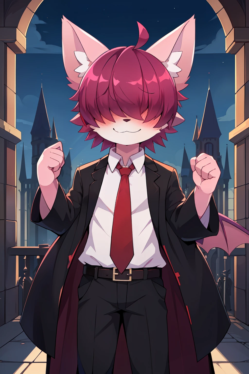 score_9,score_8_up,score_7_up, source_cartoon, source_furry, bat boy, bat tail, magenta hair, ((hair over eyes)), messy hairstyle, spike side hair, furry, blush, looking at viewer, smile, 1boy, bat ears, bat wings, furry male, clear pink body fur, ((necktie, shirt, red necktie, black thights, black pants, white shirt, belt, collared shirt, robe, long sleeves, coat, black robe)), fantasy castle, clear sky, blush, shy, uperbody, standing, cute, facial tuft, thick outline, anthropomorphic, countershading,