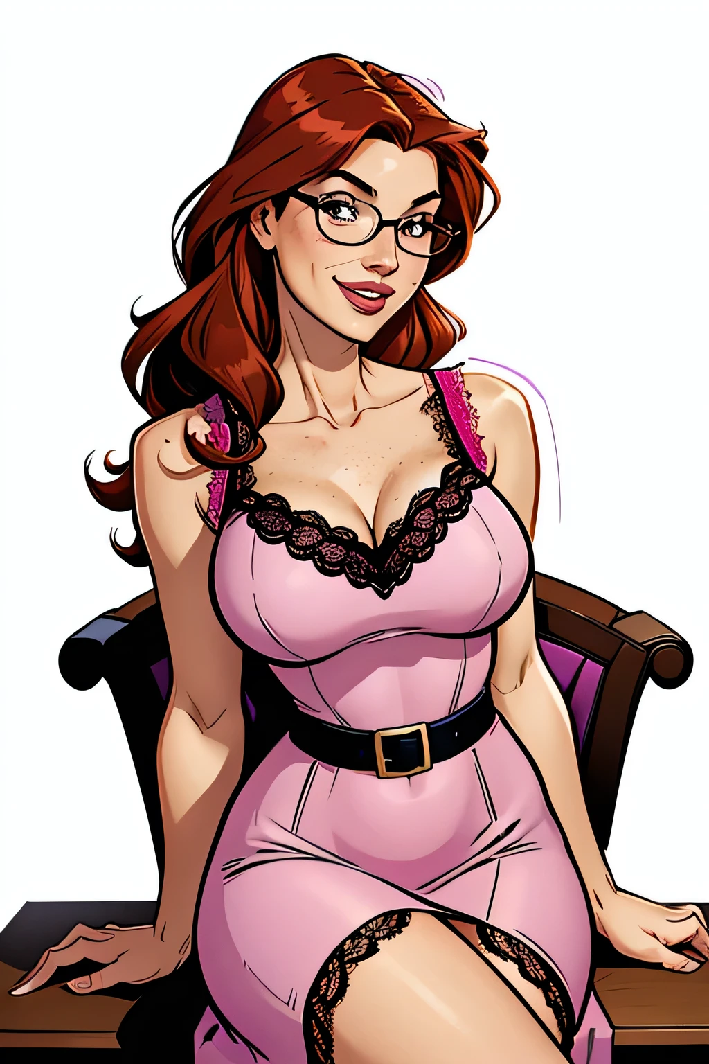 Slim and athletic woman, 25 years, 8k ((high definition)), smiling, seductive look, brown eyes, teacher wearing a purple dress ((with V-neck, pink lace)), black belt, arms positioned at the sides of the body, white skin, wearing round glasses, wavy red hair ((shoulder height)), sitting in an armchair, at the table ((upper body)), curvy and with freckles on her neck and breasts, big round breasts. marvel style ((high quality)), white background.