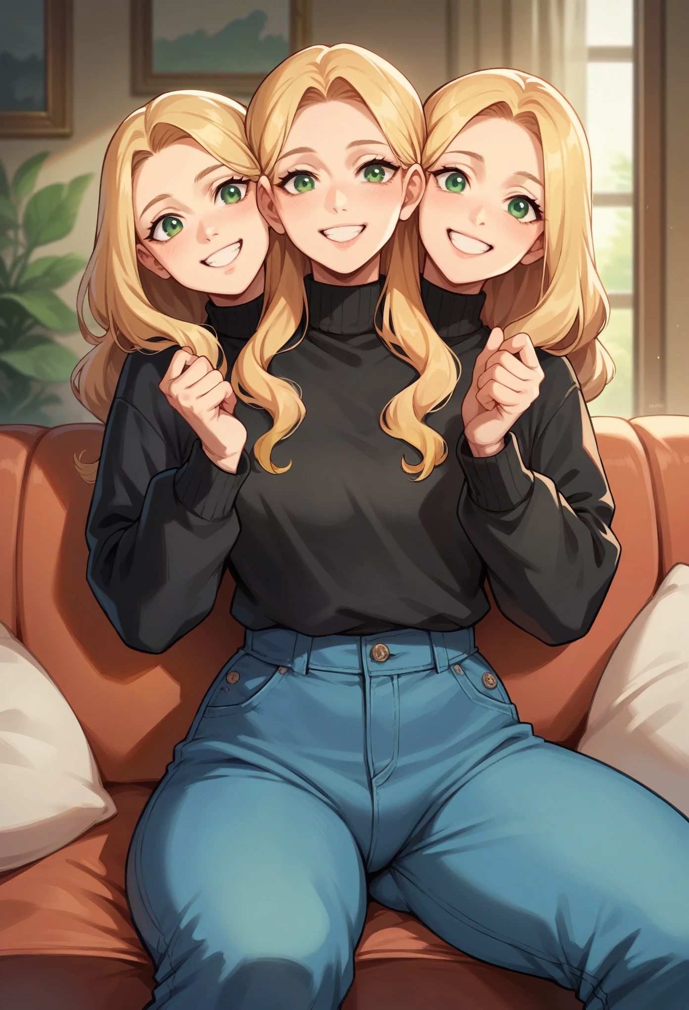 anime, (masterpiece, best quality), best resolution, three heads, conjoined, 1girl, blond hair, green eyes, smiling, happy, black sweater, blue long pants, sitting on a couch, apartment living room