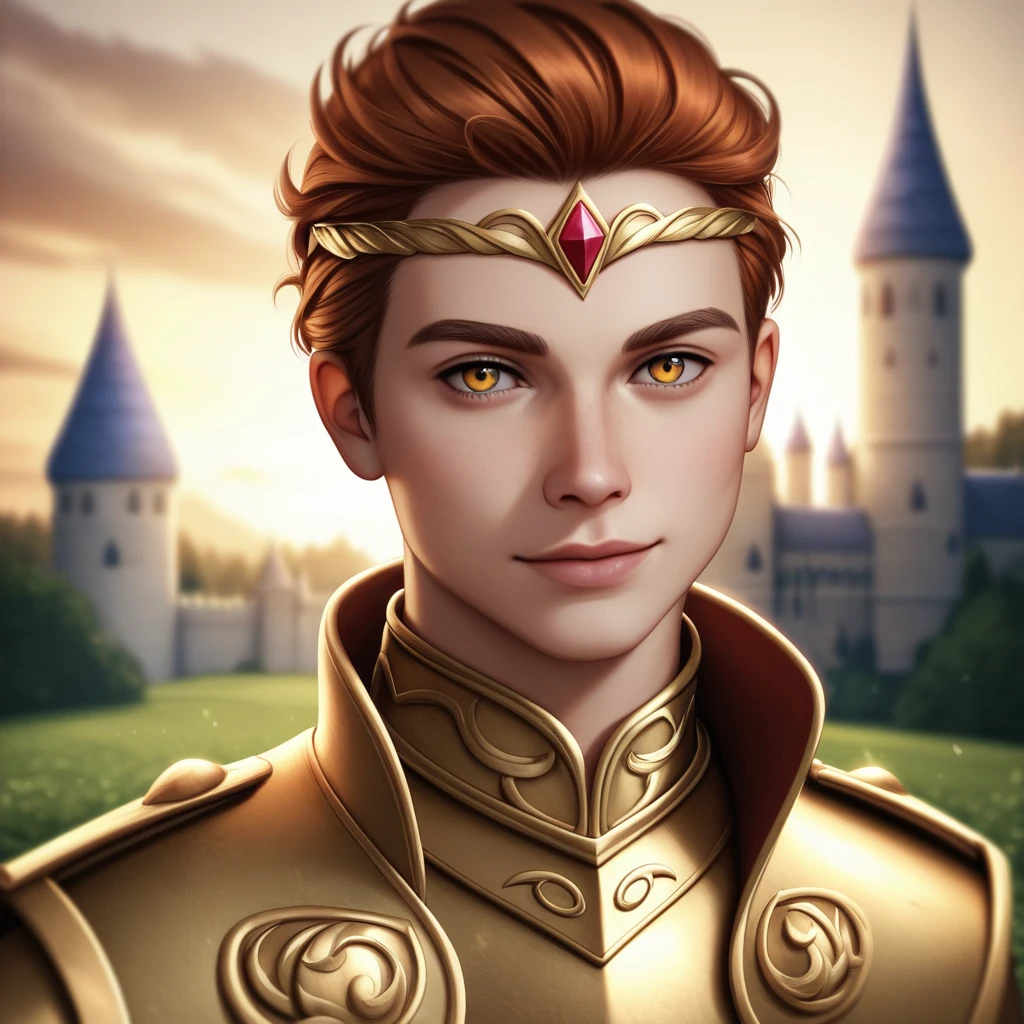 (Absurdres, Intricate Details, Masterpiece, Best Quality, High Resolution, 8k), 1 male, thin, young, aged up, masked, finely detailed eyes and face, auburn low-fade hair, amber eyes, portrait,  looking at viewer, solo, half shot, detailed background, (light fantasy theme:1.1),  focusing, mercenary,  sunshine, floating scraps,  color plate armor, divine aura, bright realistic lighting, marble castle, intense atmosphere, circlet, coat of arms,  brazier,  , Depth of Field, VFX.