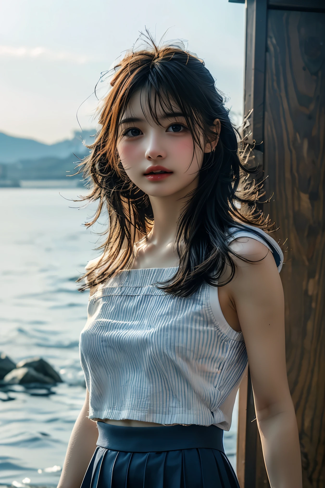 Hair blowing in the wind、Wet Skin、Wet Hair、Wet clothes、Coast at dusk,A cute girl with a face like a Japanese idol, Short Hair, Skinny body、athlete、(Cinema Lighting),(Natural light),(High level of artistry),(artistic),(Indistinguishable quality from the real thing),{{RAW Photos}},{{Genuine}},High resolution,masterpiece, beautiful, Handsome Tomboy, Looks like a salon model, Cool face, (nsfw),、Puzzled、shame、sleepy、(Spoiled:1.4), Cowboy Shot、Bold and sexy model pose、No sleeve、High neck、turtleneck、