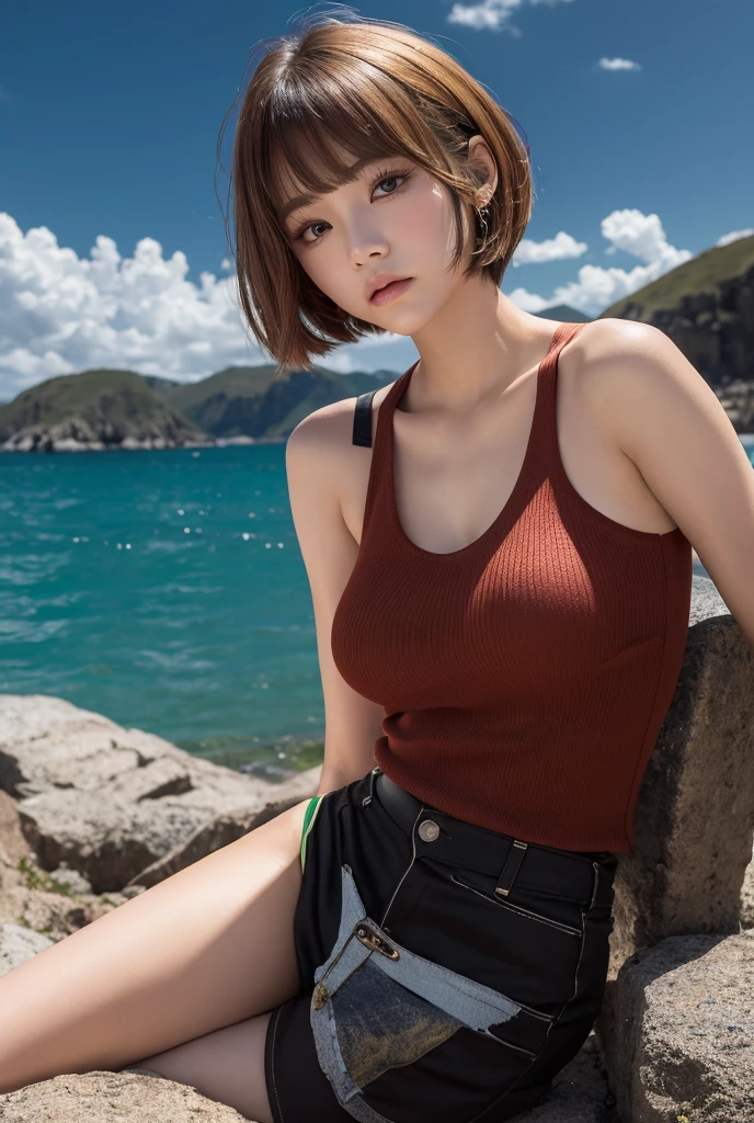 Female luffy, fantasy theme, beautiful, huge eyes, cute, skinny, very small waist, big hip, smaller sagging breasts:1.5, realistic breasts, pull open small sagging breasts, big areolaes, nipples slipped:1.5, red vest, sleeveless clothes, mini shorts, straw hat, pirate ship, sitting on ledge of boat, legs opened, soft lighting, ultra details, realistic skin, masterpiece, 4k