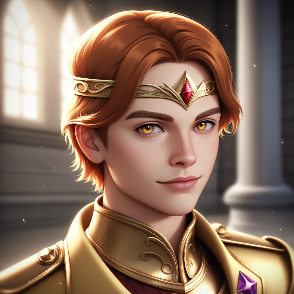 (Absurdres, Intricate Details, Masterpiece, Best Quality, High Resolution, 8k), 1 male, thin, young, aged up, masked, finely detailed eyes and face, auburn low-fade hair, amber eyes, portrait,  looking at viewer, solo, half shot, detailed background, (light fantasy theme:1.1),  focusing, mercenary,  sunshine, floating scraps,  color plate armor, divine aura, bright realistic lighting, marble castle, intense atmosphere, circlet, coat of arms,  brazier,  , Depth of Field, VFX.