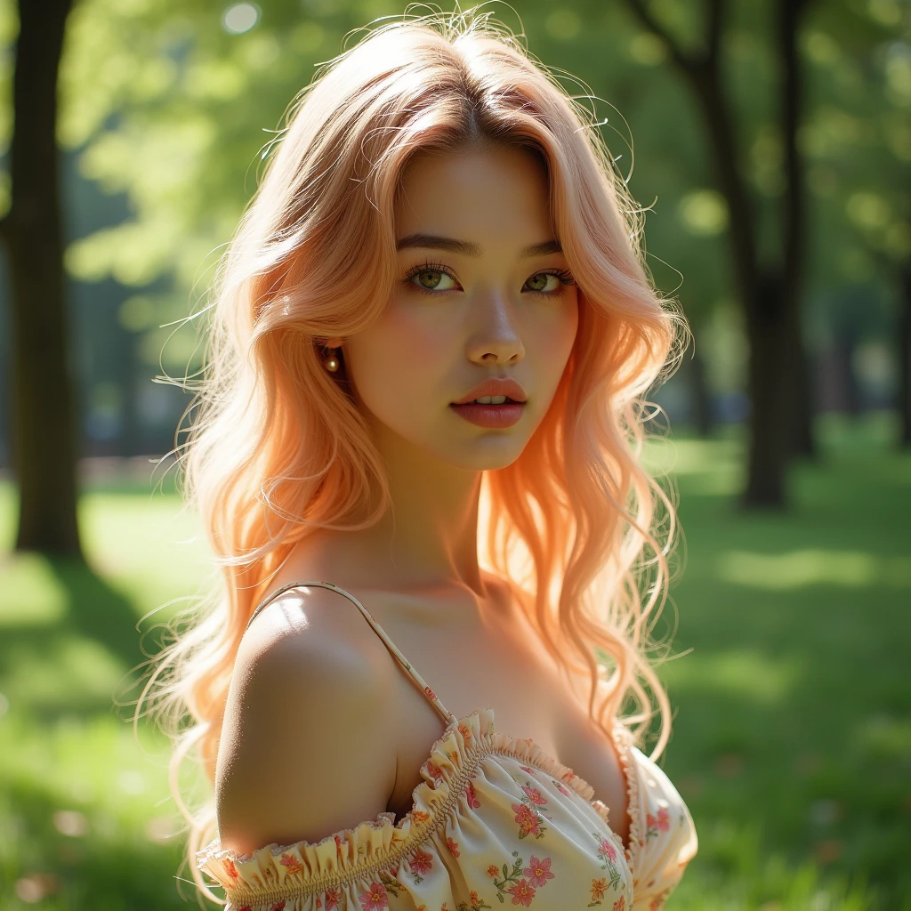 professional portrait photograph of a gorgeous beautiful sexy girl in the most beautiful highly detailed open layed kimono with sash and ribbons with ((long wavy blonde hair)), sultry flirty look, freckles, gorgeous symmetrical face, cute natural makeup, massive accentuated super huge enormously gigantic breasts, cherry blossoms blowing in the wind Shinto shrine background