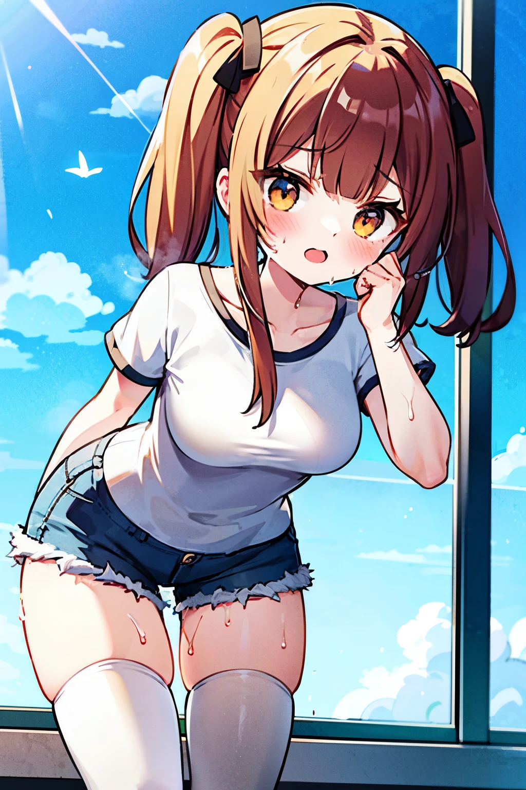 masterpiece, best quality, highres, 1girl, 20 y.o, , chibi, brown hair, ponytail, wear tanktop, shortpants, (nude),  (((completely nude))), ((show breast)), ((show nipples)), (flat chest), (visible chest), ((bare chest)), (tanned), hot, sexy, lewd, standing, outdoor, day, sunlight, smile, wearing randoseru backpack, (randoseru backpack:1.1), open_mouth,fellatio_gesture,FellatioGesture, 