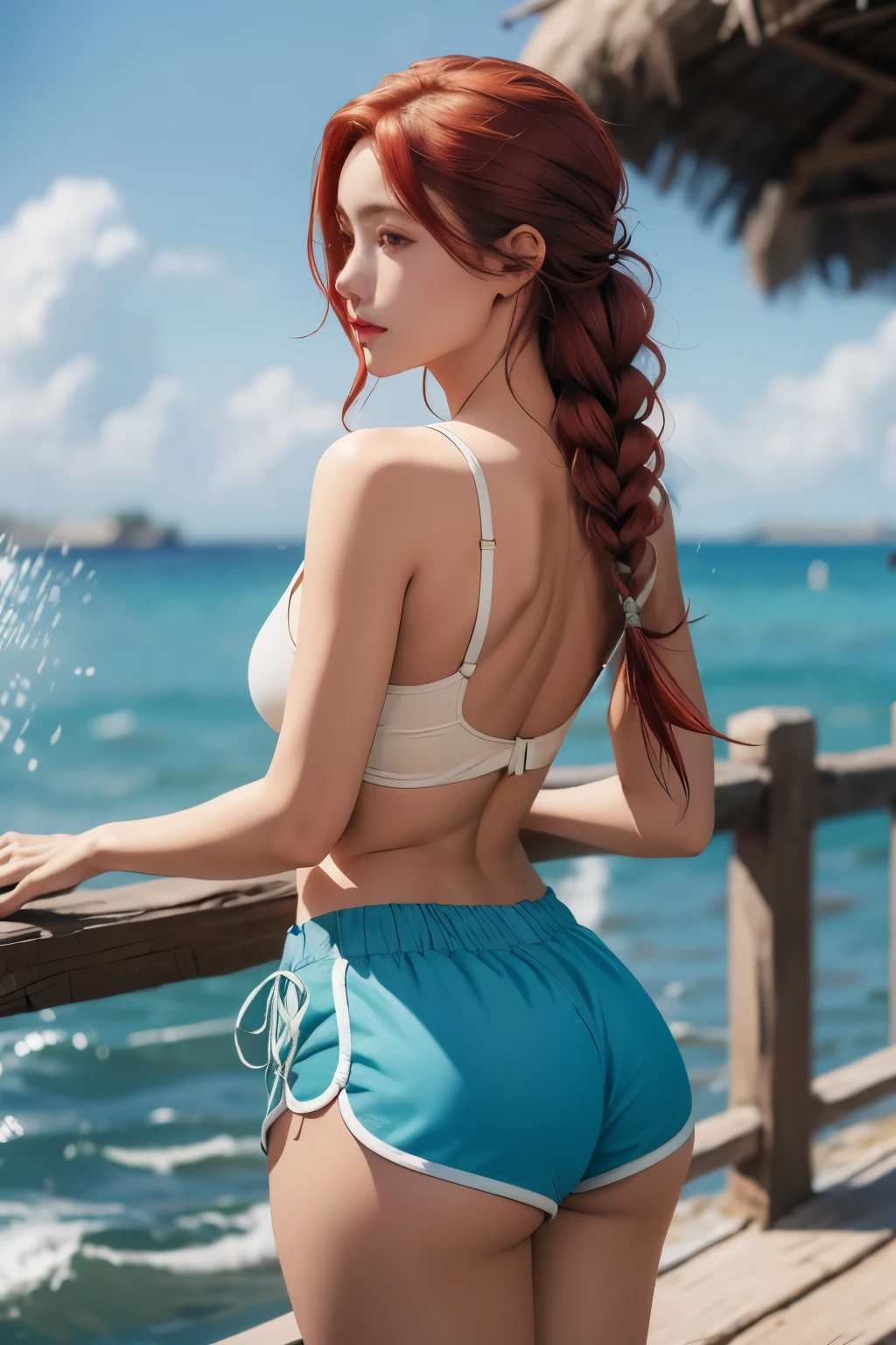 a woman, red hair, braided hair, Perfect Body, of coasts, standing, big ass, Dolphin shorts, High resolution, Super Detail, realistic8k, overview