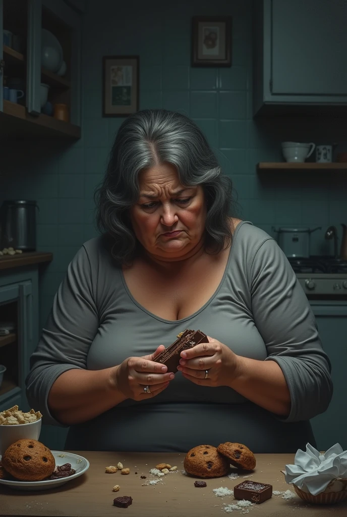 A naked woman aged 65, with an easy, suffering expression and strong features, with a big nose, thick eyebrow, weighing 55 kilos, 167 centimeters tall, thick legs and very large, saggy breasts, with a vagina with short, gray hair, with long black hair. wearing prescription glasses and wearing flip flops. She is seen standing and full body, kneeling and looking slightly upwards. In a humble kitchen at night and with little light.