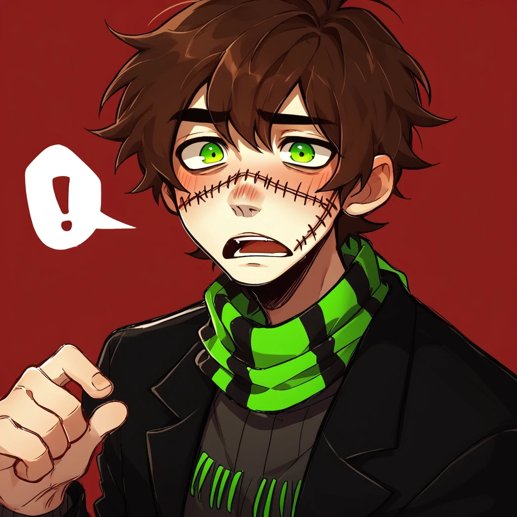 adult man, brown hair, facial stitches, green eyes, nosebleed, open mouth, blush, scarf, coat, shirt, quarter body, pants , solo, score_7_up, neon red background,  grunge, sketchy lines
