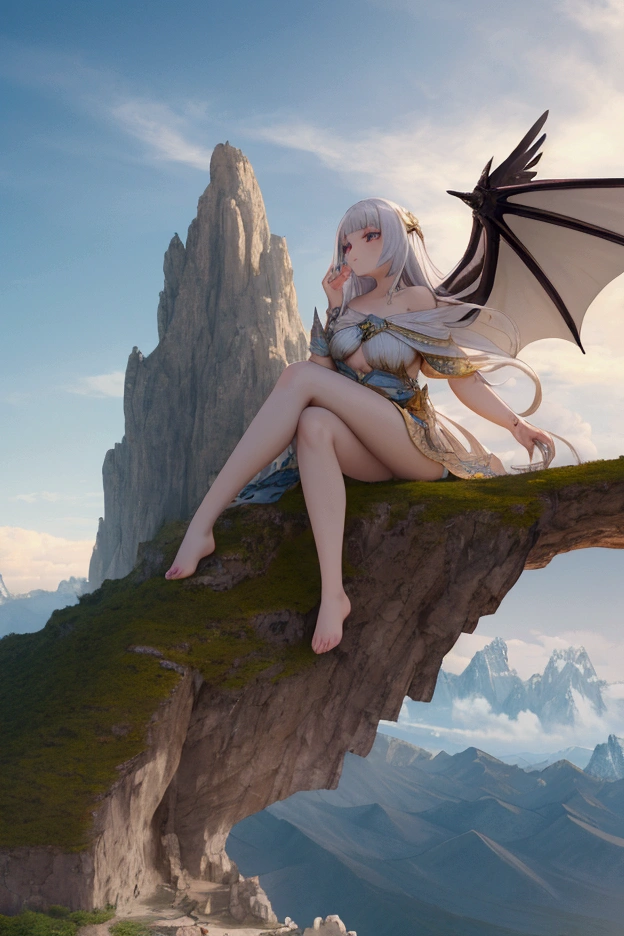 A detailed, serene fantasy landscape with beautiful young women sitting on a majestic cliff, gazing in wonder at the distant dragonsgirls soaring through the sky. Highly detailed, ultra-high definition, photorealistic, awe-inspiring scene with white stone mountains in the background, dramatic fantasy elements, 3D rendering, vivid colors, warm lighting, masterpiece.