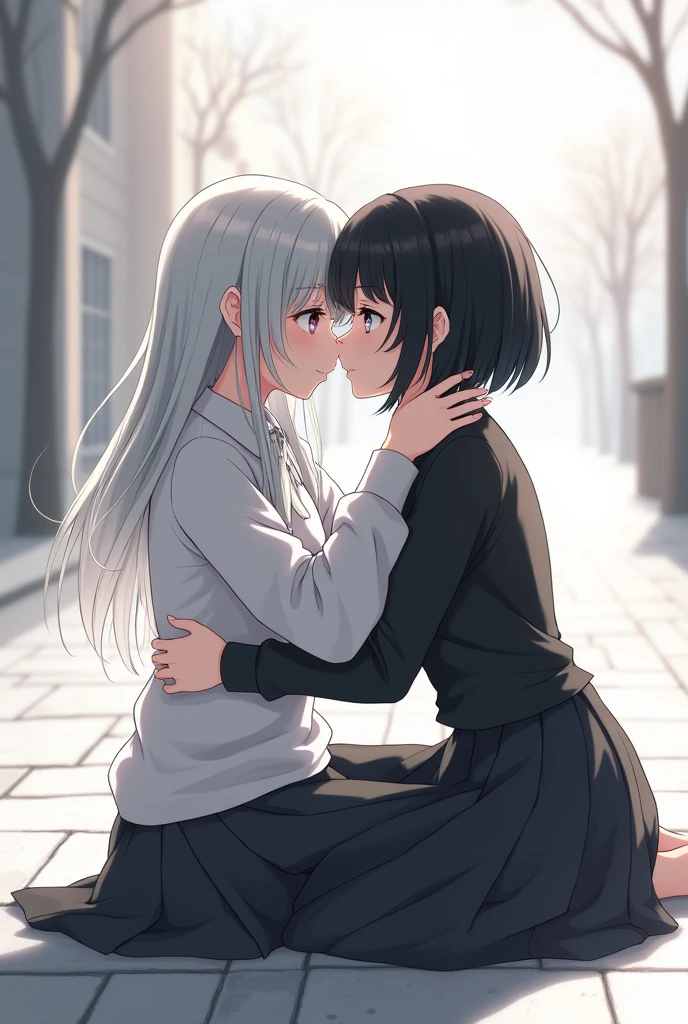 This is a picture of two girls kissing each other on the lips, masterpiece, 8k, 2 girls, "1girl has black hair, dark red eyes, black miniskirt, black shirt", "1girl has white hair, light blue eyes, white shirt, white miniskirt", 1girl is holding the other girls face, 1girl is holding the other girls shoulder. Both standing, very highly detailed bedroom, anime style