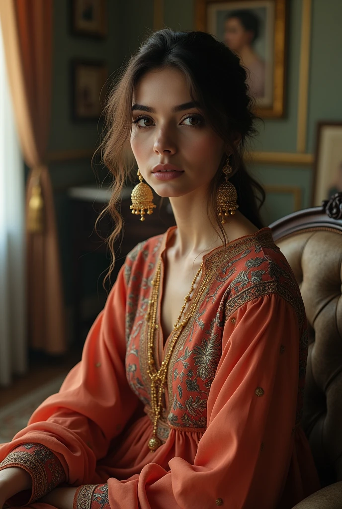 a serene woman in Byzantine-inspired attire, leaning gracefully against an ornate column, eyes closed in quiet contemplation, intricate mosaic patterns on a flowing gown, late afternoon with the warm glow of twilight, photorealistic rendering, ultra-high-definition textures, dynamic and warm lighting, deep golds and reds, detailed lace and fabric textures, cinematic composition, contemplative and serene atmosphere, natural shadows and reflections, rich and vibrant colors, peaceful expression, highly detailed jewelry, luxurious materials, smooth transitions between light and shadow
Body Pose: Leaning gracefully against an ornate column, eyes closed in quiet contemplation.
Time of Day: Late afternoon, with the warm glow of twilight.
Mood: Contemplative and serene.
Aesthetic: Byzantine grandeur, deep golds and reds, intricate mosaic patterns.