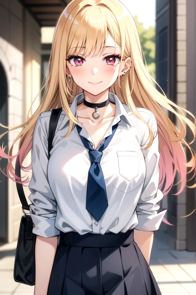 tall body, tall, long legs, mature female, mature, adult, eft_marin, kitagawa marin, 1girl, blonde hair, smile, choker, shirt, long hair, necktie, white shirt, jewelry, black choker, earrings, school uniform, red eyes, looking at viewer, collared shirt, bangs, multicolored hair, blurry background, closed mouth, collarbone, upper body, blue necktie, blurry, solo, makeup, gradient hair, solo focus, blush, eyelashes, ear piercing, bag, piercing, pink eyes, gyaru