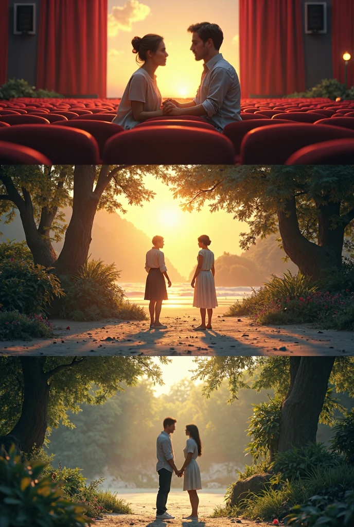 Illustrate two contrasting scenes – one image depicting a couple in love sharing a romantic moment and another image with a lonely person contemplating the sunset on an 8k park bench