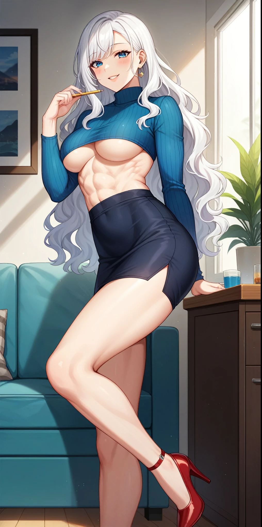 sensual, ((long blonde curly hair)), thick thighs, 8k, 4k, highest quality, High resolution:1.2), cute anime face, noise reduction, ((shining blue eyes, gentle smile, kind eyes))、toned abdominal muscles, muscular arms, muscular legs,  young face, anime eyes, (((big breasts、A chest that is about to burst)))、(((Full body nude style)))、(((white string)))、sit on the sofa with your legs spread、She turns her ass towards me