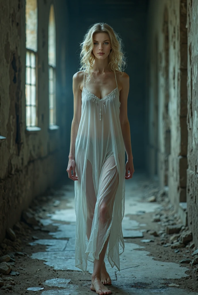abandoned ruins,Devastated,Dilapidated,Garbage all over the ground,best qualtiy,Random white transparent small lingerie and panties,full-body portraits(1:1),18 years old girls,Slender and slender figure,Skinny,As thin as a whipping post,Smaller bust,The barefoot,Naked all over the body,Wearing a naked