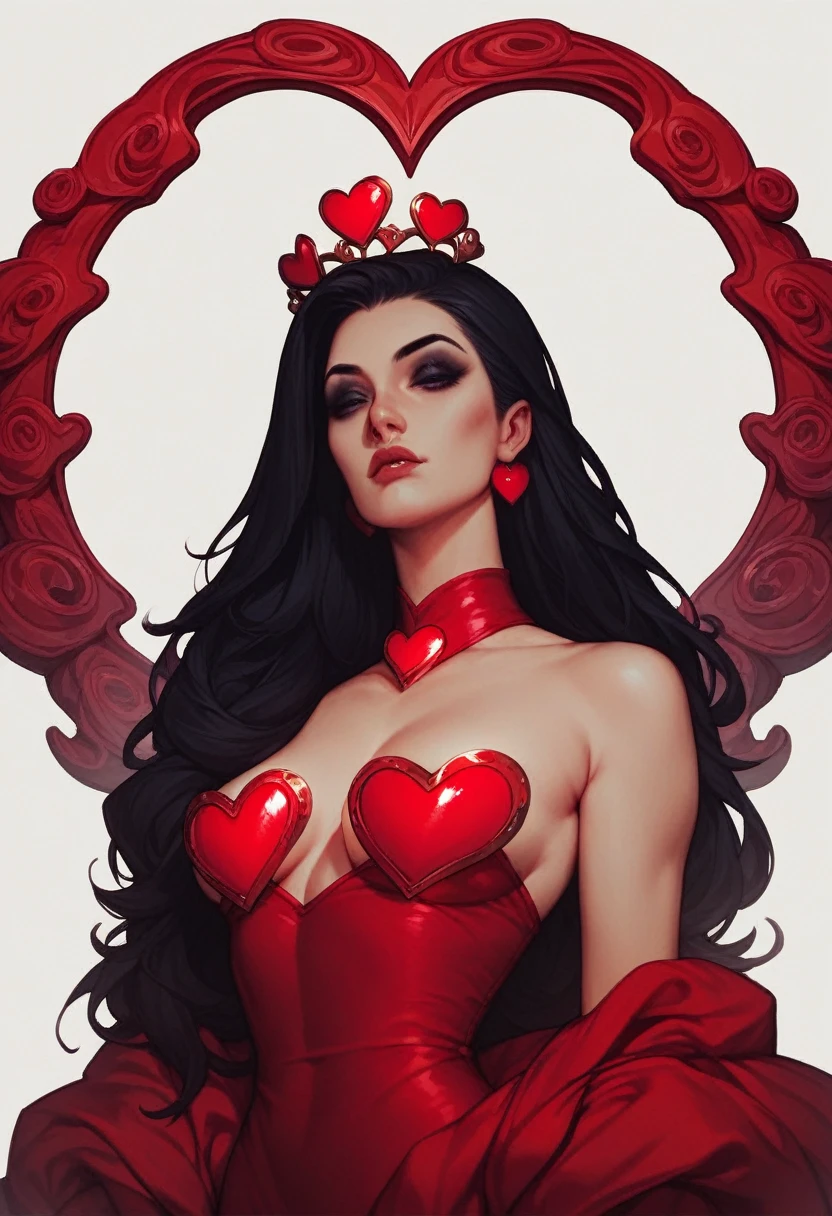 score_9, score_8_up, score_7_up, score_6_up, score_5_up, score_4_up, source_cartoon, 1girl, extremely detailed, gorgeous, Queen of Hearts, heart crown, black hair, long hair, slick haircut, dark eyeliner, red dress
