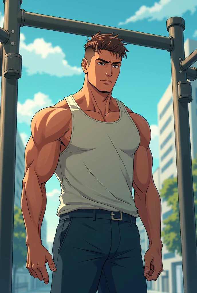 ((anime style art)), Extremely muscular male character, bodybuilder body, Wearing a sleeveless V-neck shirt, Raise your hands to neck height, character leaning against wall. pocket, Future Cityscape, Busy route, architecture, People AS & car. protagonist in animation, nice picture, harddisk, 4k, The protagonist leans against the wall,hands level with face.
