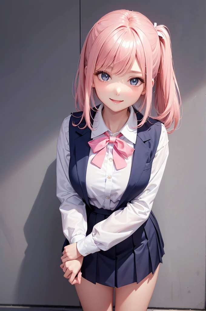 (masterpiece:1.2, top-quality), (realistic, photorealistic:1.4), beautiful illustration, (natural side lighting, movie lighting), nsfw,
looking at viewer, cowboy shot, front view:0.6, 1 girl, japanese, high school girl, perfect face, cute and symmetrical face, shiny skin,
(long hair:1.8, side ponytail:1.7, sidelocks, light pink hair), parted bangs, emerald green eyes, long eye lasher, (large breasts:0.8, thick thighs),
beautiful hair, beautiful face, beautiful detailed eyes, beautiful clavicle, beautiful body, beautiful chest, beautiful thigh, beautiful legs, beautiful fingers,
((((long sleeve)), roll up sleeves, white collared shirts, navy pleated mini skirt, black socks, brown loafers, red bow tie, pastel pink sleeveless knitted vest, black headband)), pink panties,
(beautiful scenery), evening, riverside, walking, heart hands, (one eye closed, wink, lovely smile, upper eyes),