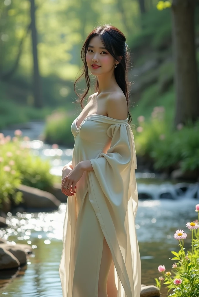 Draw real photos，A beautiful girl with red eyes from another world，Holding a delicate flute and waving it with both hands in the air，Plump and majestic figure，fair and translucent skin，long legs，Silky white hair，Nude smiling shyly in the maple forest，Standing barefoot on the rocks in the stream，Super fine details。