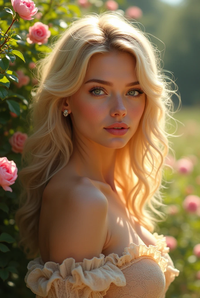 Woman 25 years old. curly blonde hair. amber eyes. Round face and defined chin