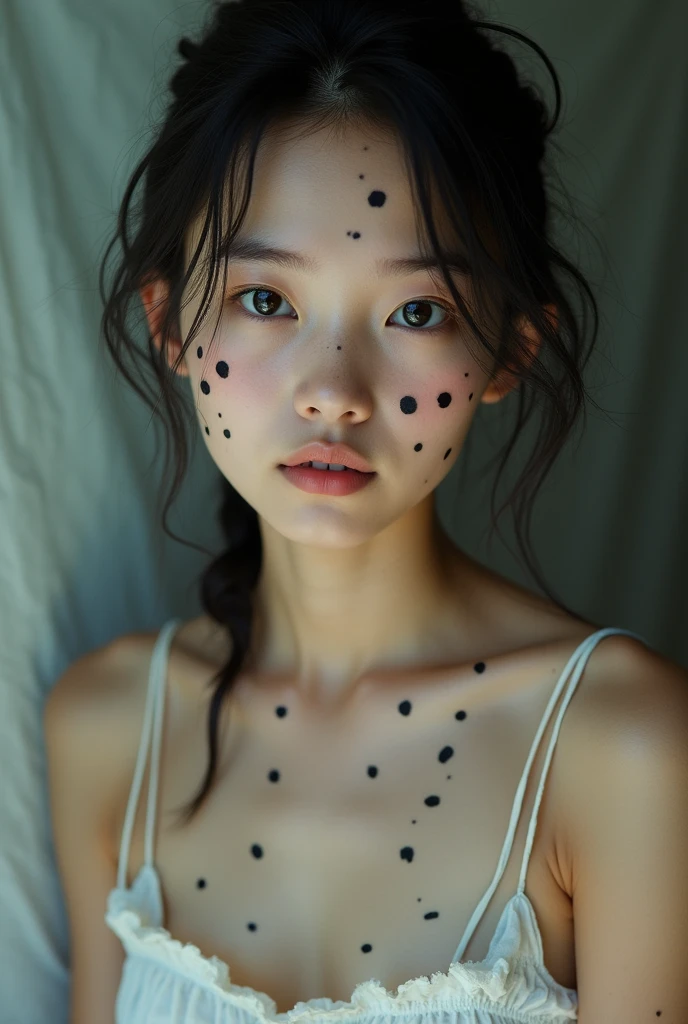 Beautiful Thai girl with black spots on her body and chest, wearing ordinary clothes. 