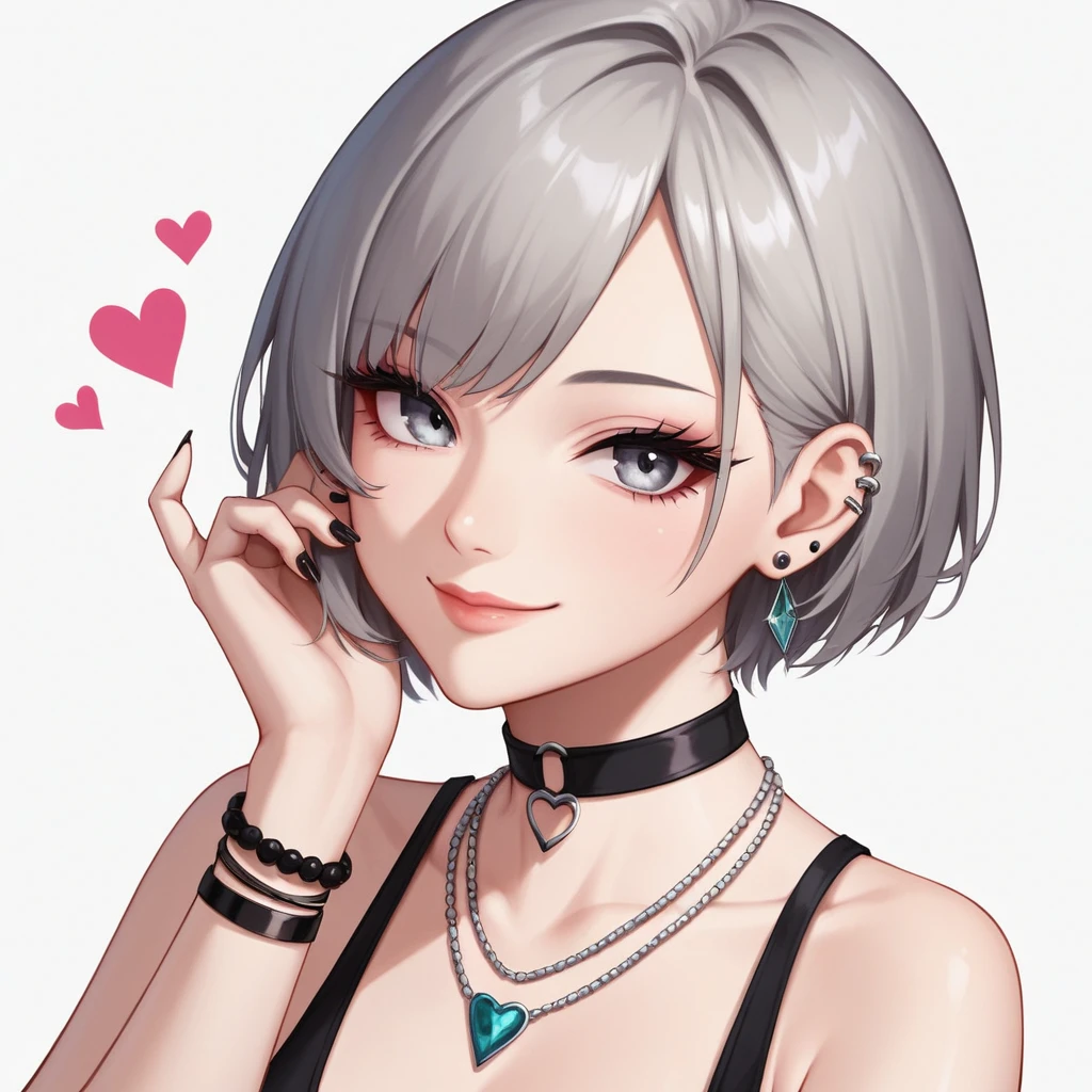 pilyeon, solo, 1girl, black nails, jewelry, short hair, looking at viewer, choker, necklace, hand on own face, piercing, white background, heart, closed mouth, grey eyes, nail polish, simple background, grey hair, ear piercing, black choker, smile, eyelashes, lips, hand on own cheek, bangs, bracelet, beads, gem, earrings, fingernails