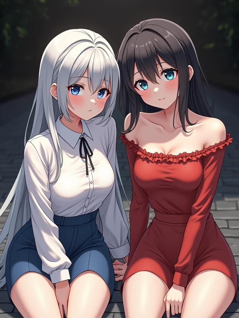 Two girls with foot-length hair hugging each other、Her white Y-shirt was soaked and her breasts were visible through it、Cute white underwear visible through a red tanding posture、barefoot