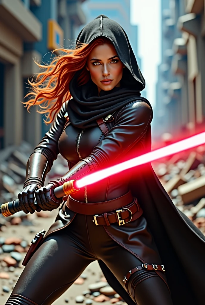 highly detailed, realistic fantasy scene of a fierce, beautiful jedi woman with flowing red hair anda purple lightsaber. She is standing in a futuristic dystopian city with towering, crumbling buildings and spires. She wears intricate, ornate, alluring leather armor that blends elements of a corset and thigh-high boots, accented with red lace and a tattered leather trench coat. Her expression is intense, and alluring with a focus on the predatory and graceful nature of her movement. The lighting should be dramatic, with a moody, overcast sky casting shadows across the scene, enhancing the dark, brooding atmosphere, dynamic pose, perfect anatomy, full body, life size, detailed skin texture, full HD, 4K, HDR