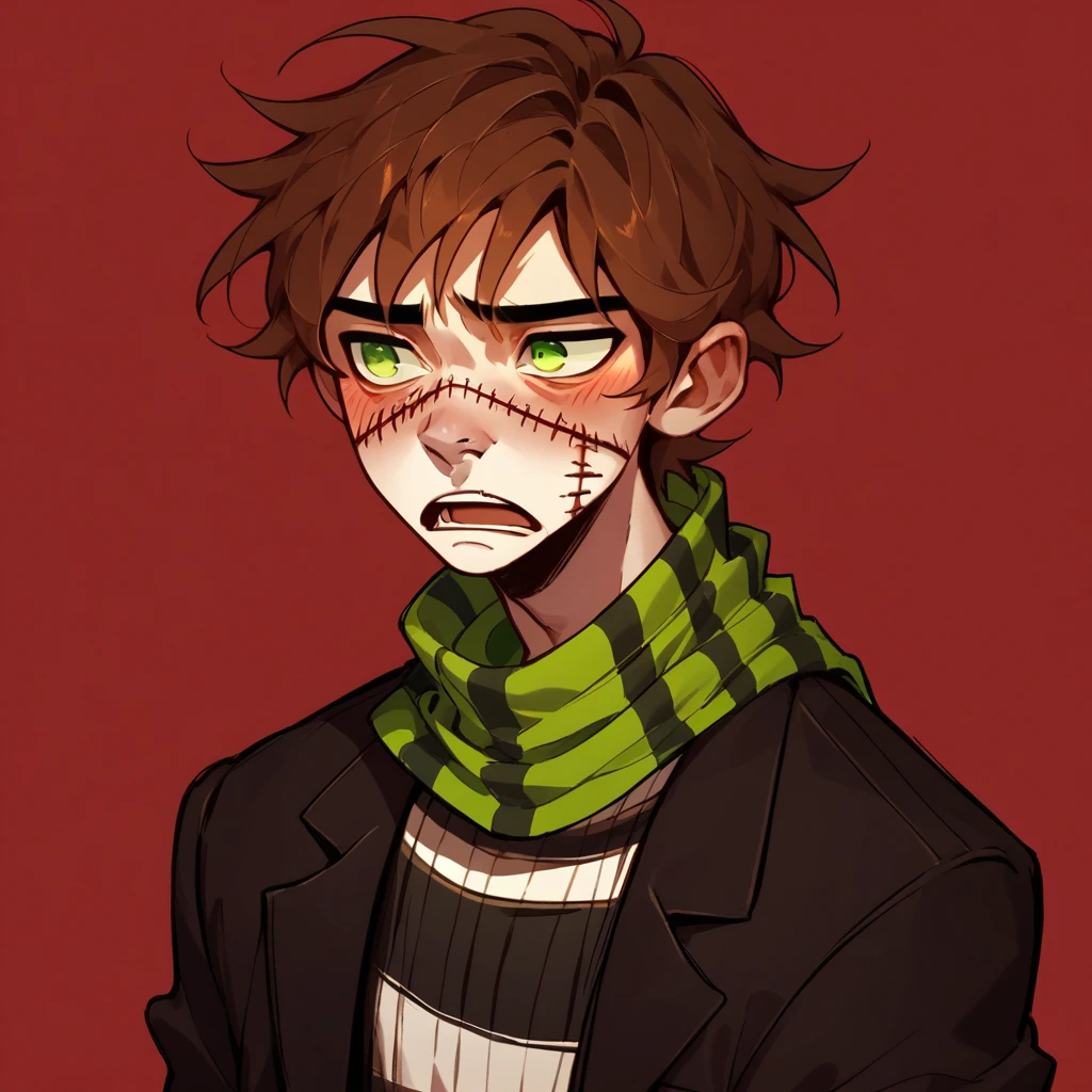 adult man, brown hair, facial stitches, green eyes, nosebleed, open mouth, bleeding nose, blush, scarf, coat, shirt, quarter body, pants , solo, neon red background,  grunge, sketchy lines, frown, looking away
