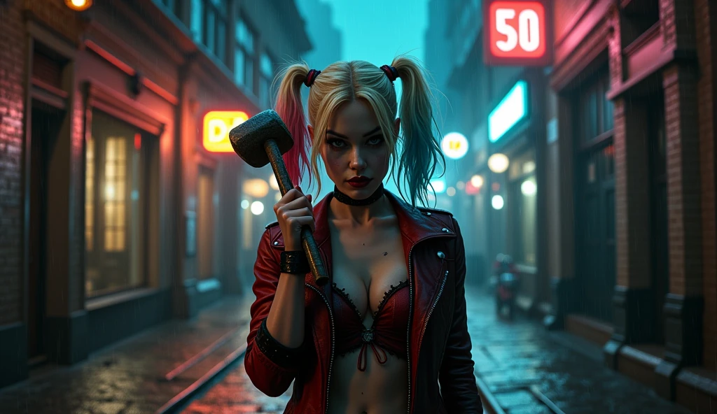 (Best quality,4K,8 k,A high resolution,masterpiece:1.2),Ultra detailed,(realistic,photorealistic,photo-realistic:1.37),oil painting,portrait,Nature:1.1,Female,ferocious facial expression,dark lipstick,Beautiful detailed eyes,beautiful detailed lips,long curly hair,black top,leather pants,sitting on the table,Harley Quinn:1.1,Harley Quinn standing:1.1,smiling,confident,Playful,crazy expression,grunge background,Red and black color scheme,dramatic lighting