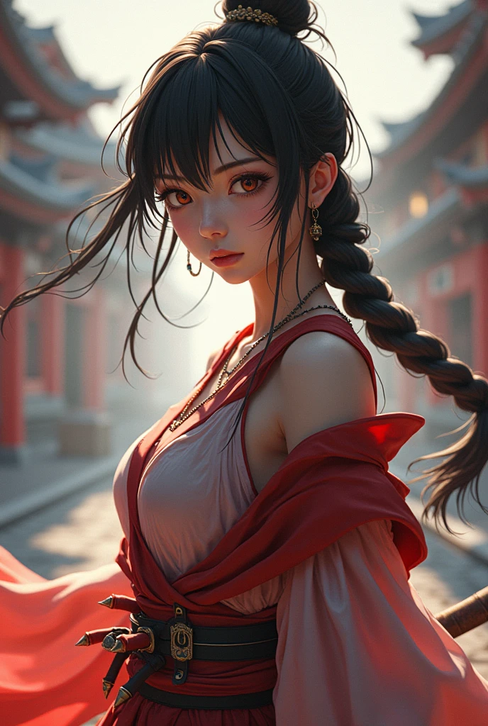 (score_9 score_8_up score_7_up:1.2), (source_anime:1.2), (ai generated:1.2), (Direct Preference Optimization:2.0), (Full Skin Textures:2.0), (16k Cinematic Effect:2.0), (Full Face:2.0), (Incredibly Detailed:2.0), (Full Quality:2.0), (Foreshortening:2.0), (Fully Detailed:2.0), (Leading Lines:2.0), outdoors, lens flare, depth of field, bokeh, vanishing point, solo, looking at viewer, BREAK ((masterpiece, best quality)), ARTSTYLE_Medsonlima_ownwaifu, 1girl, black hair, long hair, red eyes, makeup, lipstick, konohagakure symbol, collarbone, red lips, large breasts, ninja, bandages, bandaged arm, fishnet top, bandaged hand, sleeveless, bandaged leg, cleavage, long sleeves, asymmetrical sleeves, single sleeve, vest, (contrapposto, looking back)insaneres, absurdres,