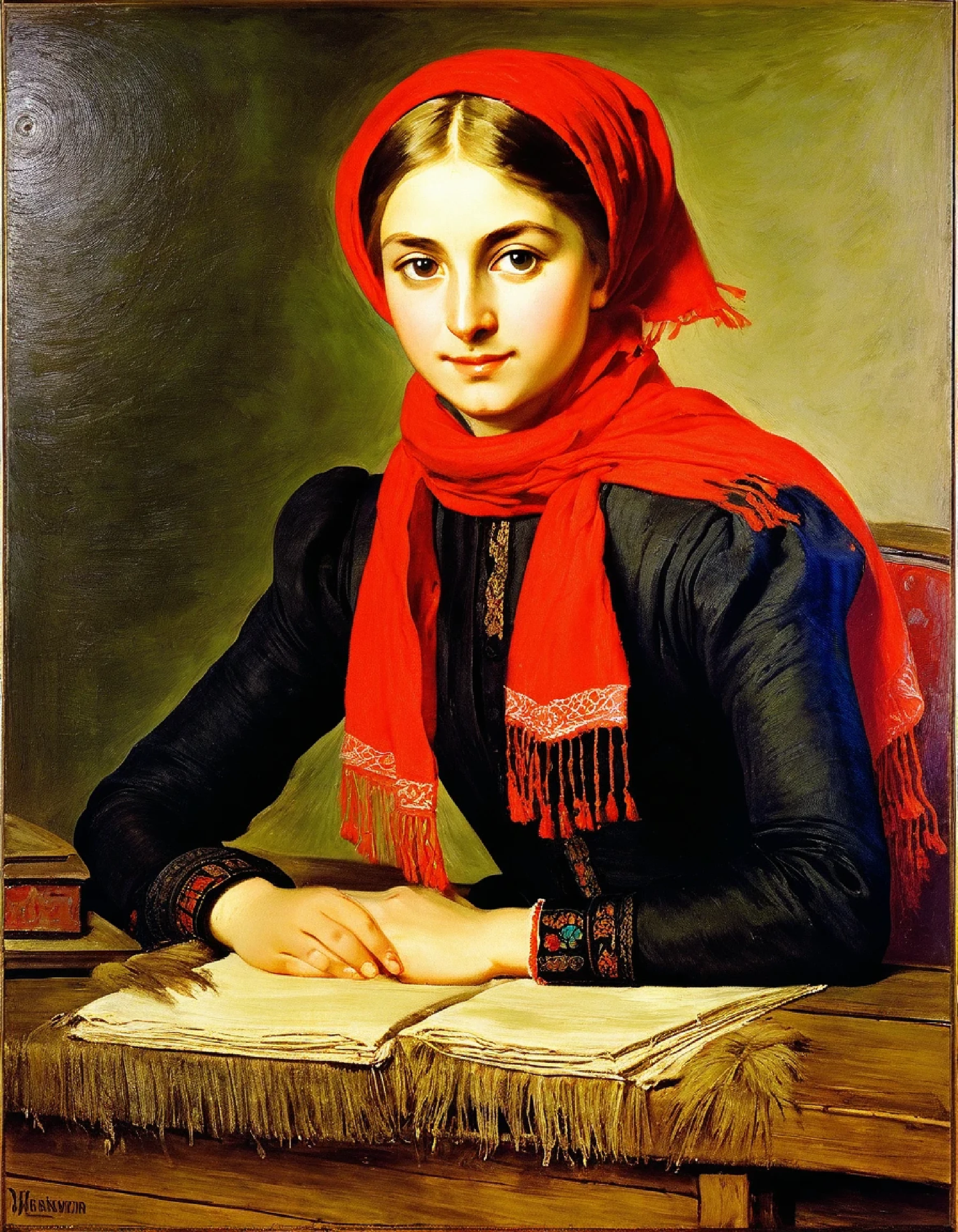 painting of a young girl in a red scarf sitting on a table, russian academic painting, young girl, academic russian painting, by Konstantin Westchilov, by Jan Stanisławski, russian oil painting, by Stanisław Tondos, young woman, by Vladimir Novak, by Jarosław Jaśnikowski, portrait of a girl