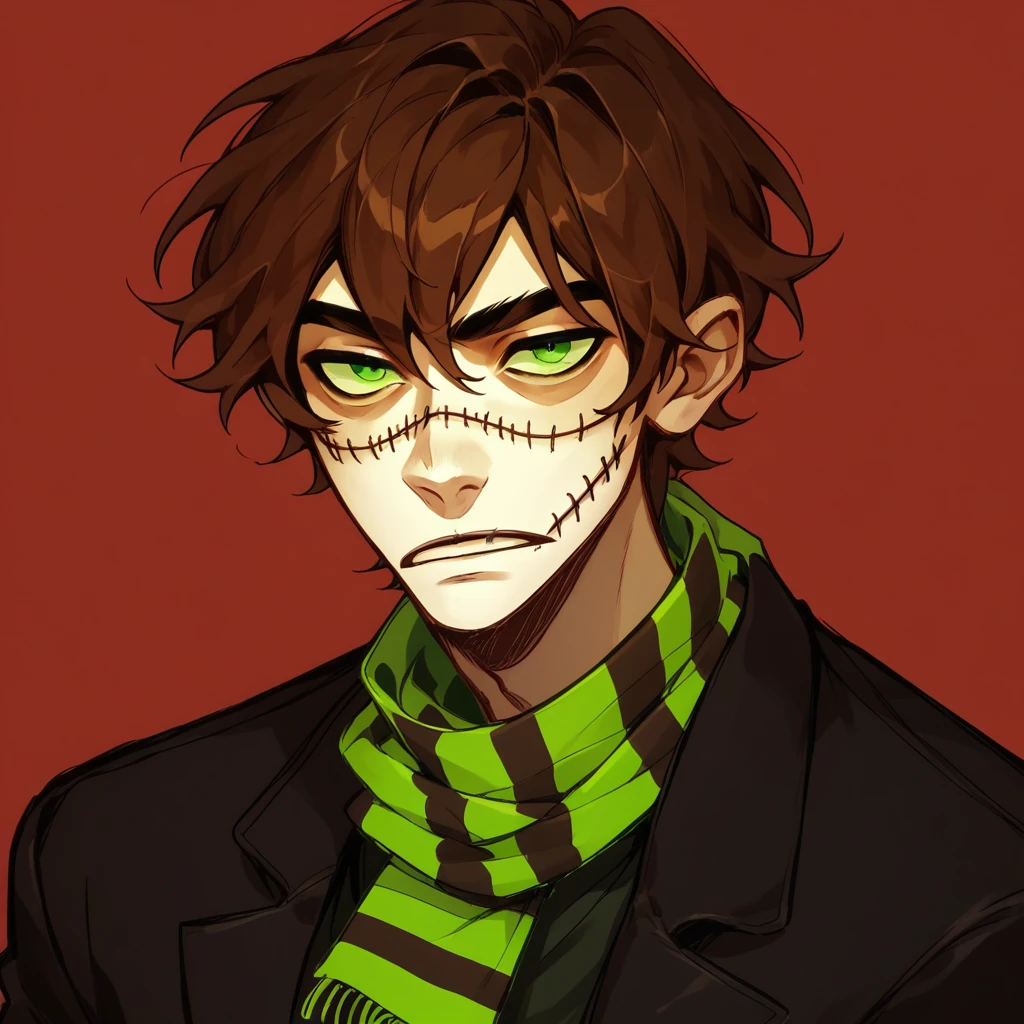 adult man, brown hair, facial stitches, green eyes,scarf, coat, shirt, quarter body, pants , solo, neon red background,  grunge, sketchy lines, bloodlust
