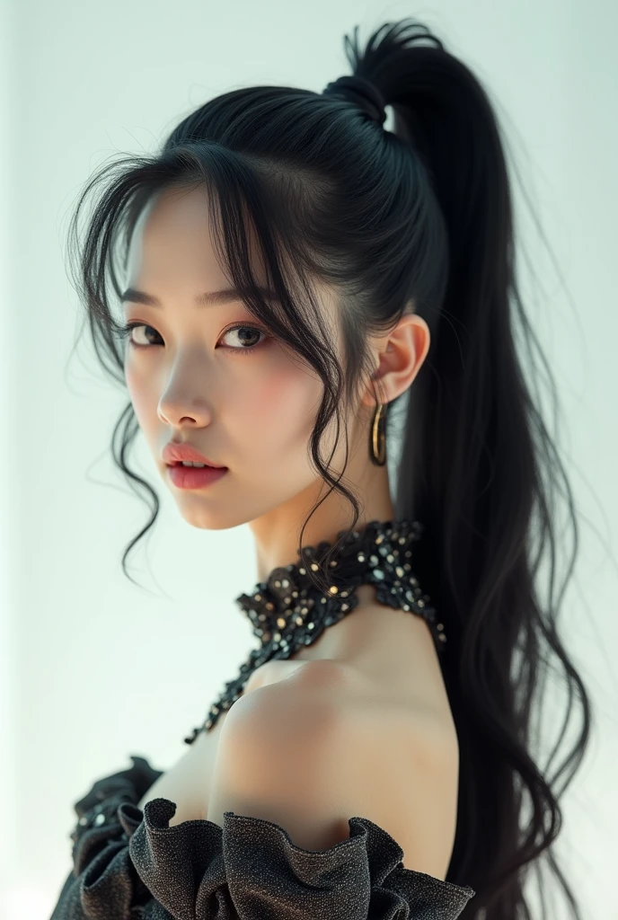 1boy, 177 cm, 57 kg weight, silver shoulder-length hair styled in a ponytail, large scarlet eyes, narrow waist, small cock, flat chest