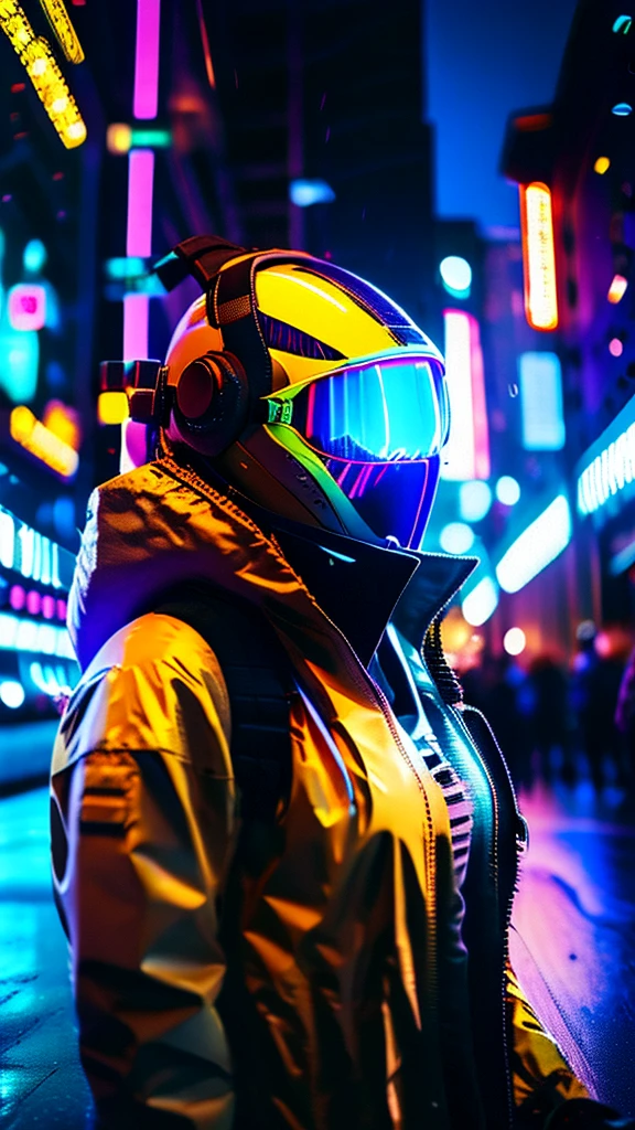 (good structure),high dynamic range,ultra high definition,8k,1 girl,blurred background,cyberpunk protective clothing,cyberpunk protective helmet,Glowing helmet,Neon lamp,neon color,oblique body,night,Mask screen reflections,depth of field,Upper body,cyberpunk,ground vehicle,lamp,neon lamp,pilot suit,alone