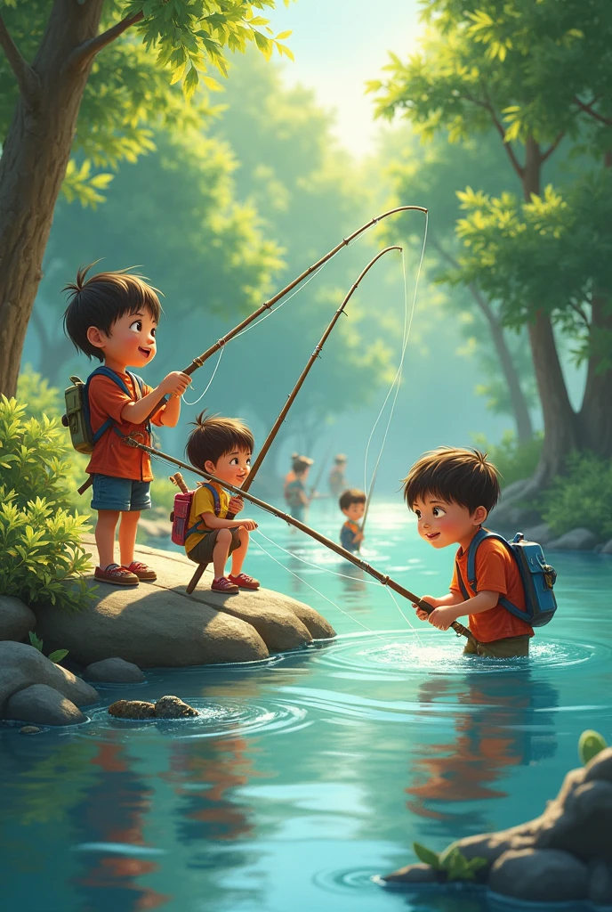 A young man plus two dark haired male children fishing in a river