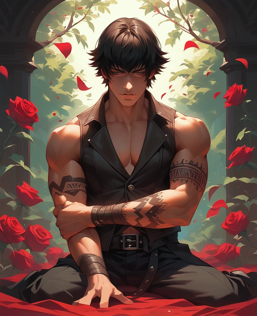 absurdres, highres, ultra detailed, HDR, master piece, best quality, extremely detailed face and eyes, Wriothesley, black hair, expressive blue eyes, Genshin impact, solo, sexy man, handsome, lewd, horny, grey pants, sensual pose, garden, red roses, red petals