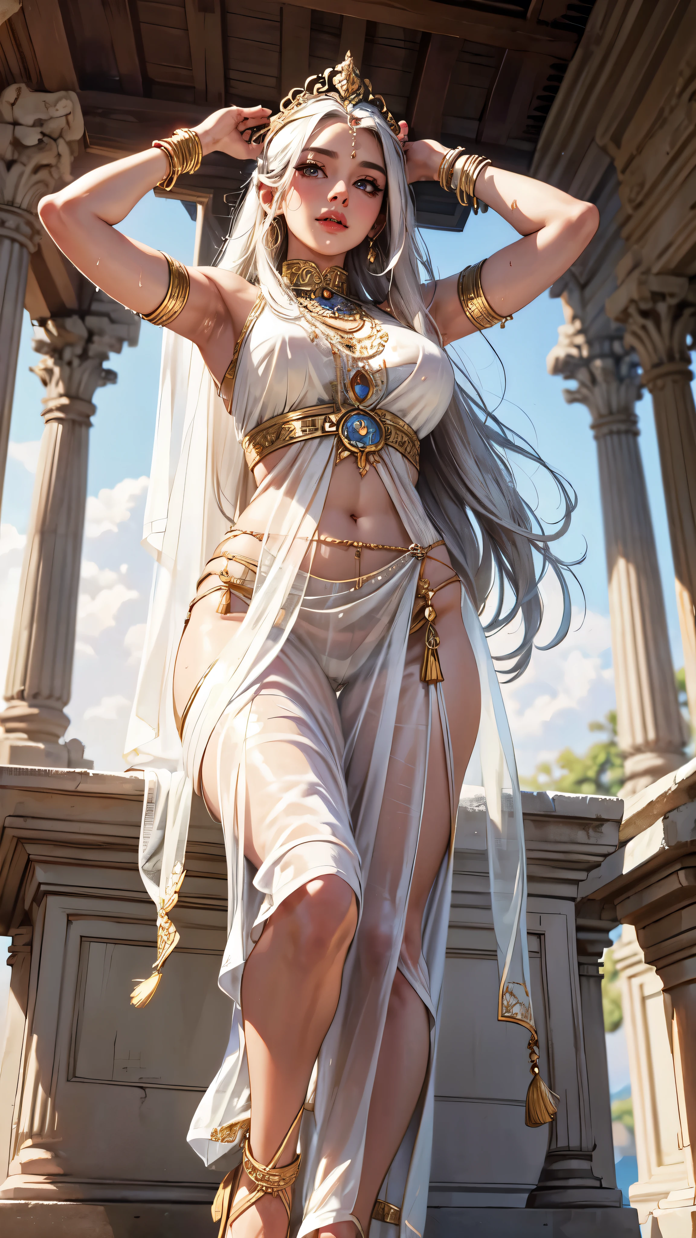 (masterpiece, best quality, 8k), 1girl, mature woman, attractive goddess, lips, sheer see-through ancient india clothes, white clothes, gorgeous clothes, detailed pattern, pink eyes, long white hair, arms up, armpits, divine, immortal, light smile, ancient india building, detailed building, outdoor, godlike, godrays, cinematic lighting, (from below),detailed face, detailed eyes, detailed hands, ,full body,wet hair,
