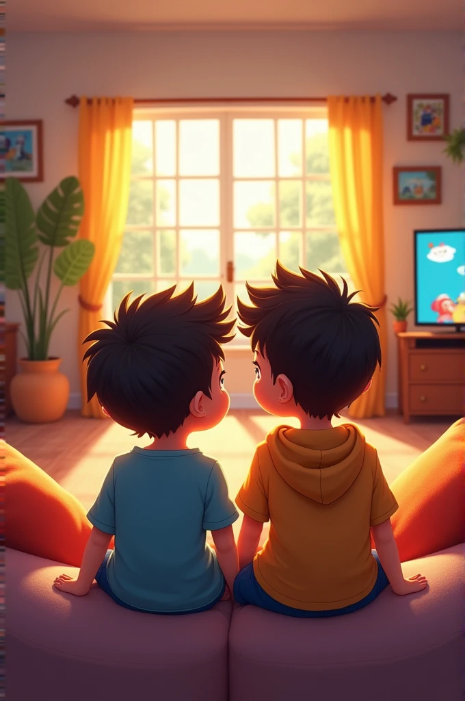 1 young girl and 1 young boy watching television, old style, slightly fighting, make characters realistic, like a real person