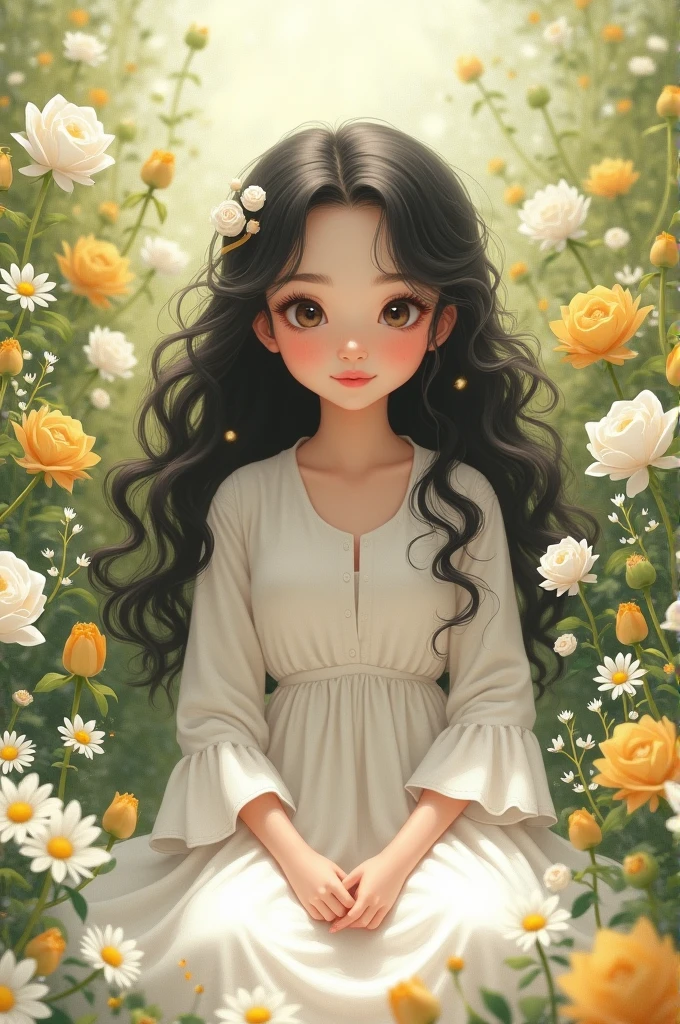 realistic, 1girl, dark hair, brown eyes, glowing eyes, parted lips, blush, cute, night, flower