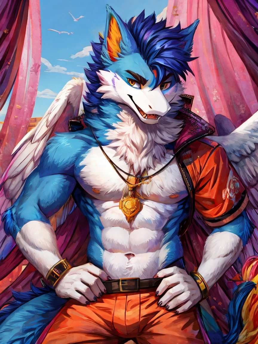 Wolf boy warrior, in trouser, body covered with ginger fur, Furry style,sexual,horny,very muscular wild ,full height,veiny massive muscles, very long ginger hair,freckles on the body and face,green eyes,defined muscles,sharp focus, young , friendly,Angel wings, stands high