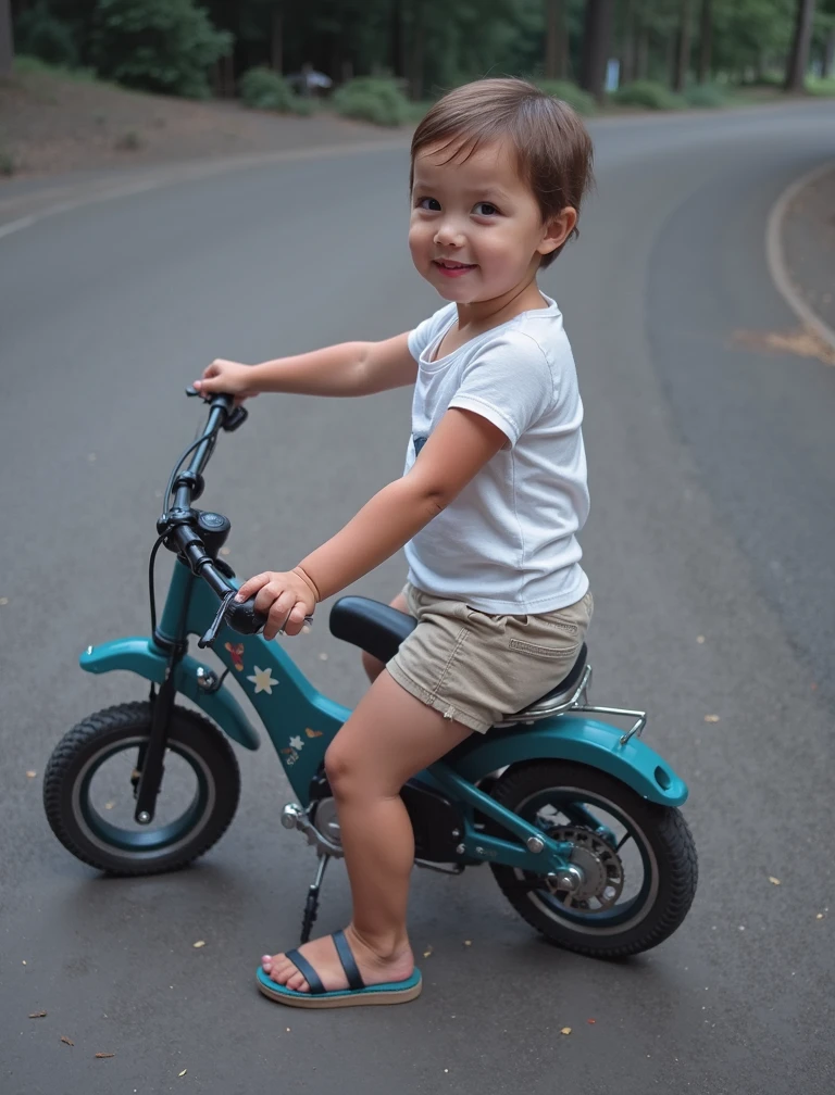 cute 3 year old girl, black hair, riding ??? bicycle in the garden