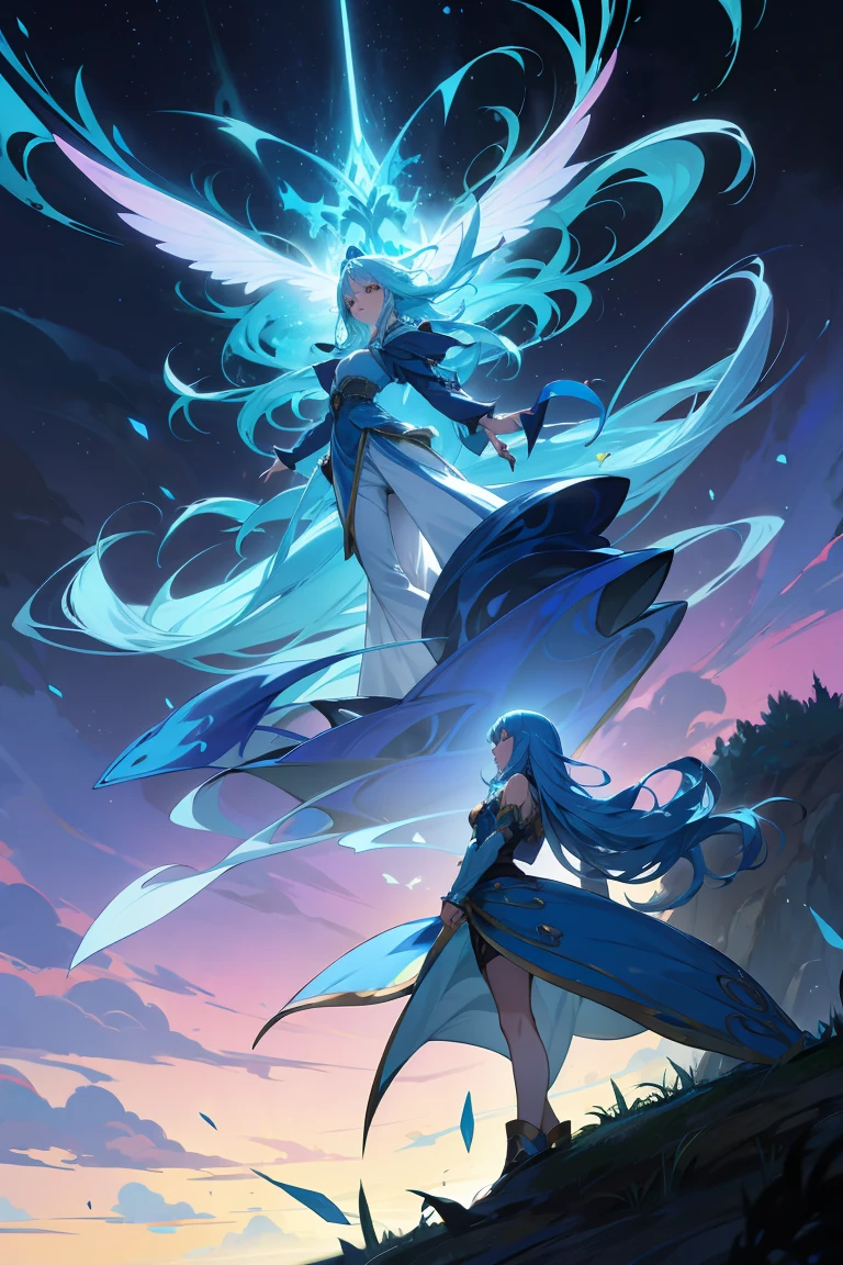 Asura, a beauty with long blue hair and blue skin, three eyes, six arms and bare feet