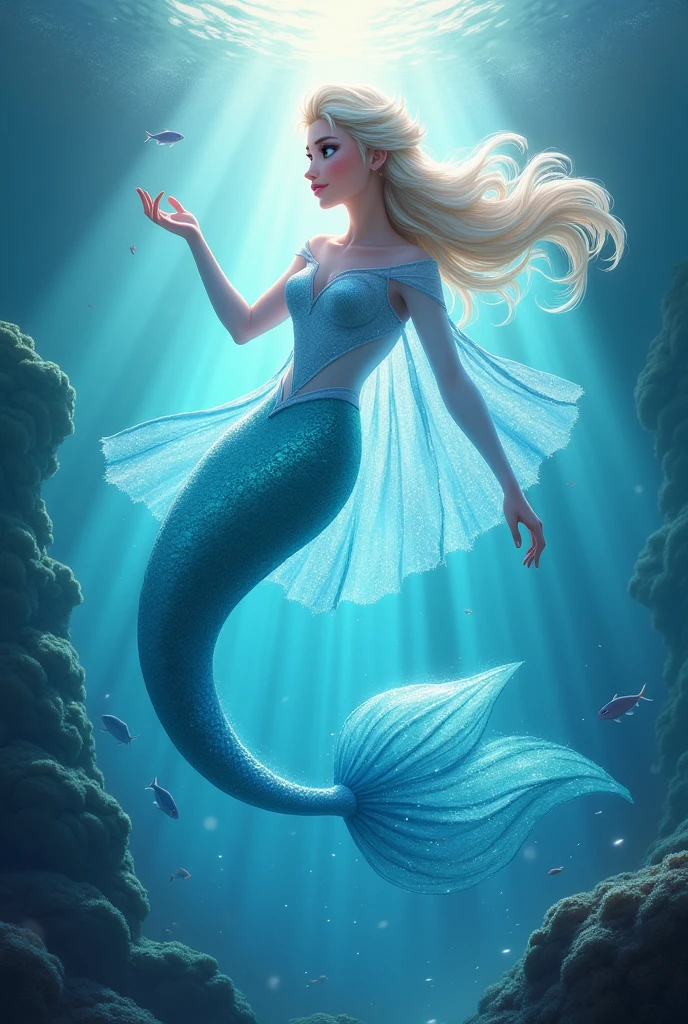 elsafrzn, Elsa is a mystical ethereal siren mermaid swimming deep in the oceans abys surrounded by elements of gold silver and (iridescent) colors. Beneath her are small diamonds and pearls