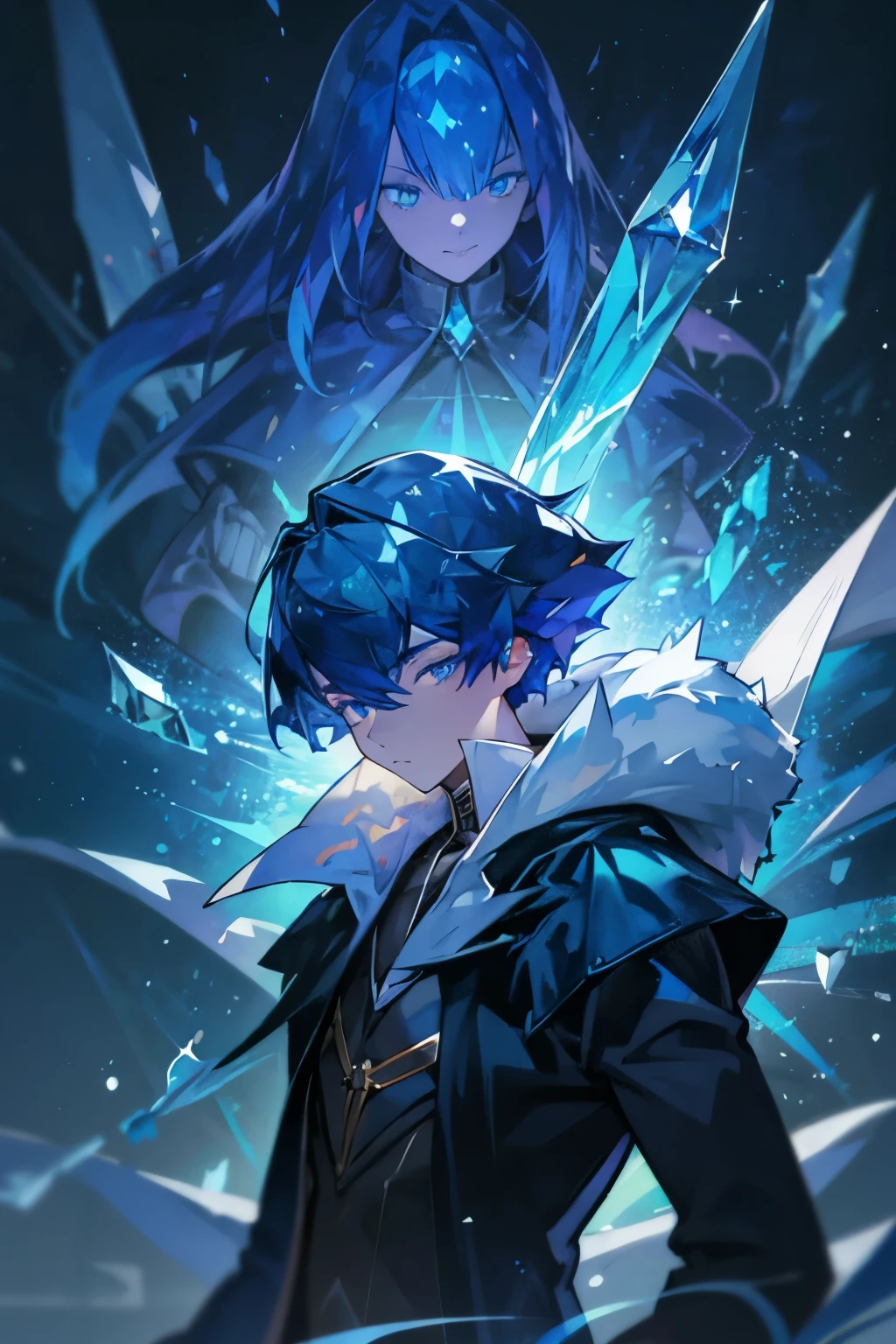 Young guy, short dark blue hair crystalline but elastic, bangs, azure eyes, dark blue medieval coat, white fur on the hood