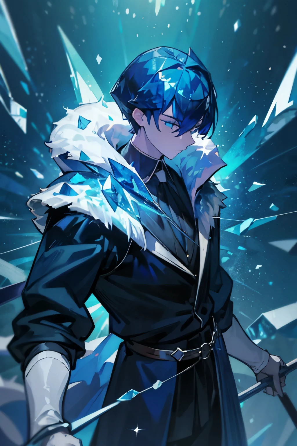 Young guy, short dark blue hair crystalline but elastic, bangs, azure eyes, dark blue medieval coat, white fur on the hood