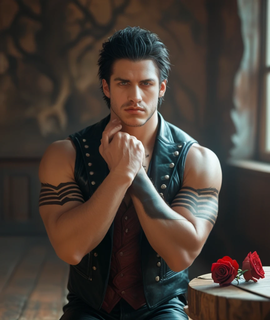 Digital artwork featuring devil may cry 5 a person man fitness muscle with short, dark, tousled hair, and light skin, kneeling amidst a field of dark red roses. The individual is dressed in a sleeveless black leather vest, revealing intricately detailed black tribal tattoos covering their arms. They are holding a brown, ornate book close to their face, with a somber expression. The background is filled with thorny branches and a soft, diffused light, creating a dramatic and melancholic atmosphere. The artist's signature, 'IG', is visible in the bottom right corner in a white, cursive font.  ,4K, masterpiece, anatomically correct, super detail, high quality, award winning, UHD, highres