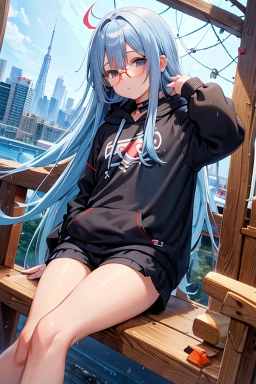 Angelic French doll, stocky, light colored hoodie, in short pants, blue hair ,messy long hair, anime, Wear glasses, asymmetrical bangs, masterpiece